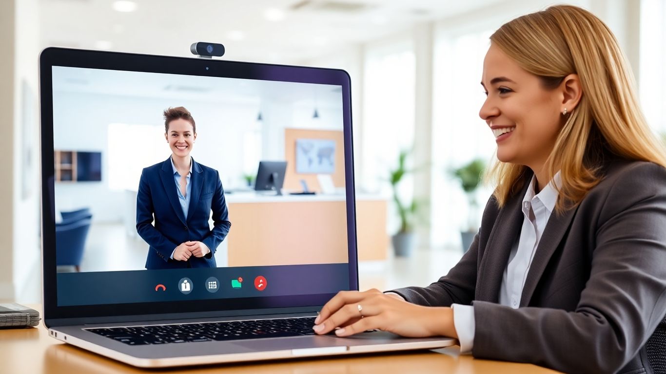 Businessperson video chatting with virtual receptionist in office.
