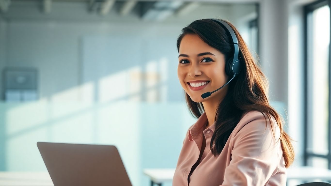 Smiling receptionist at laptop in sunny office setting.