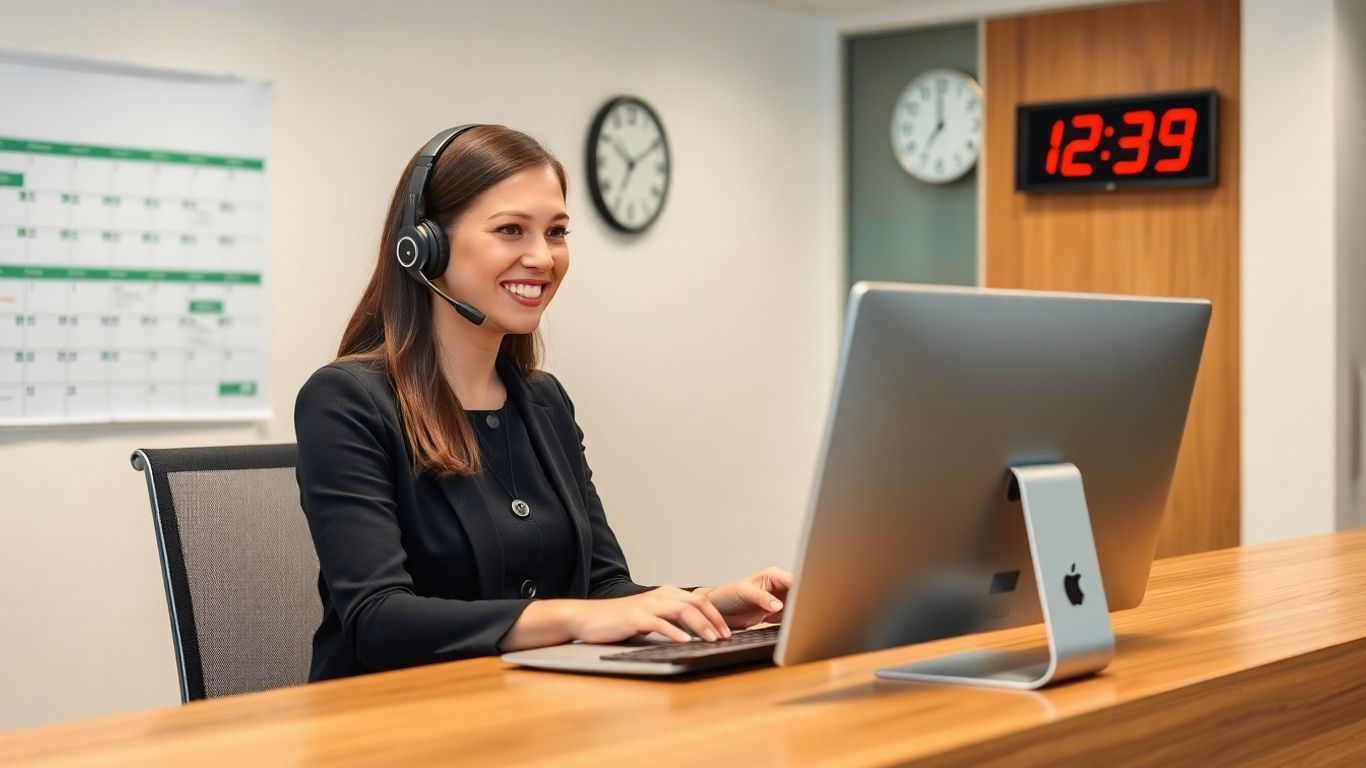 Receptionist with headset scheduling appointments in office