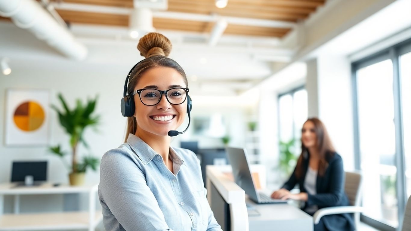 Virtual receptionist warmly greeting business customer via video call.