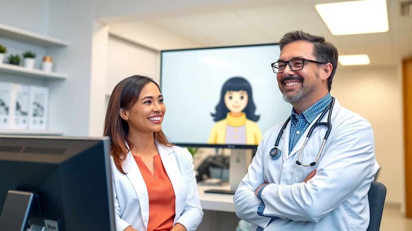 Doctor and patient with virtual receptionist on computer screen