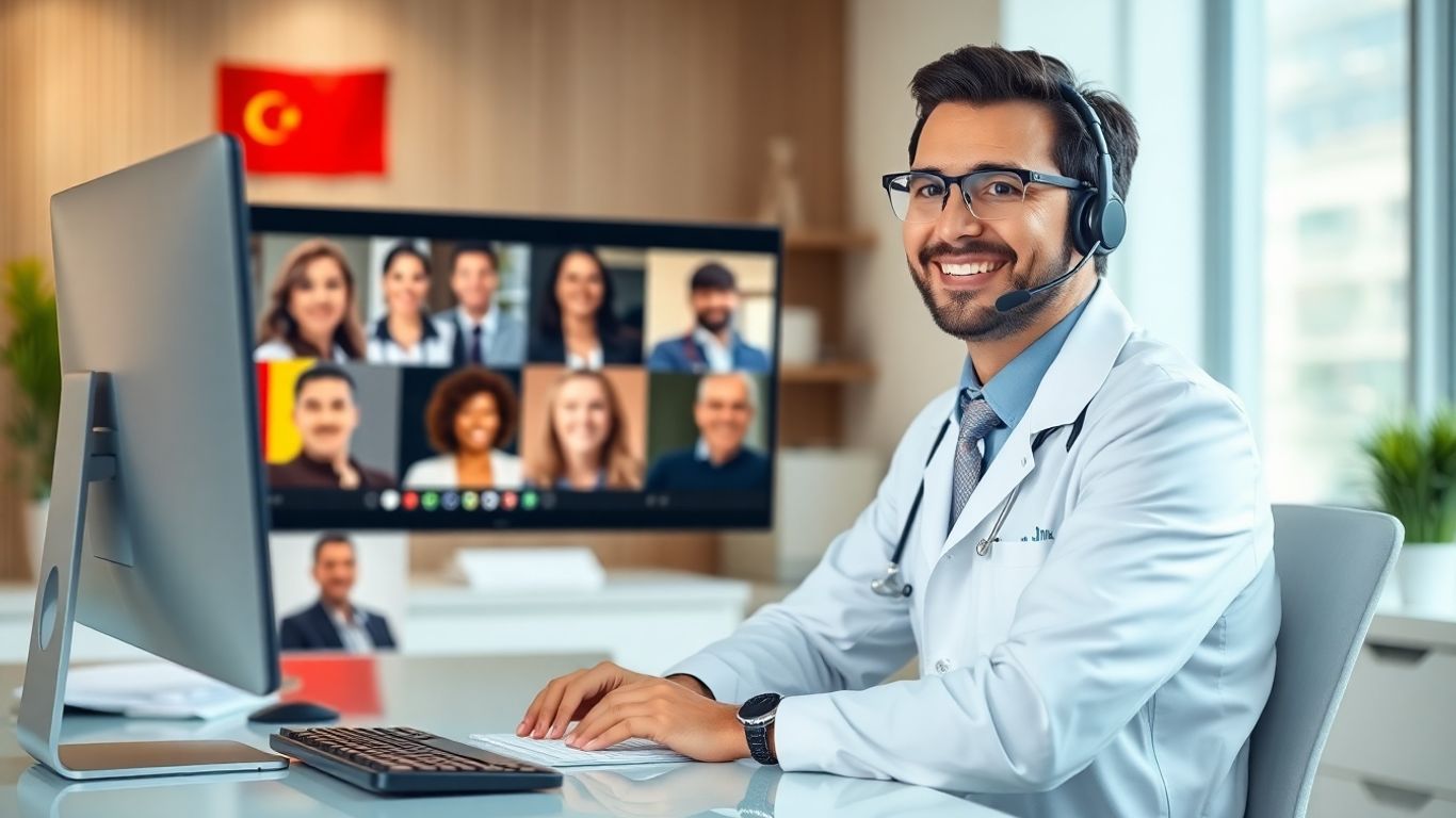 Doctor at desk video calling diverse international patients
