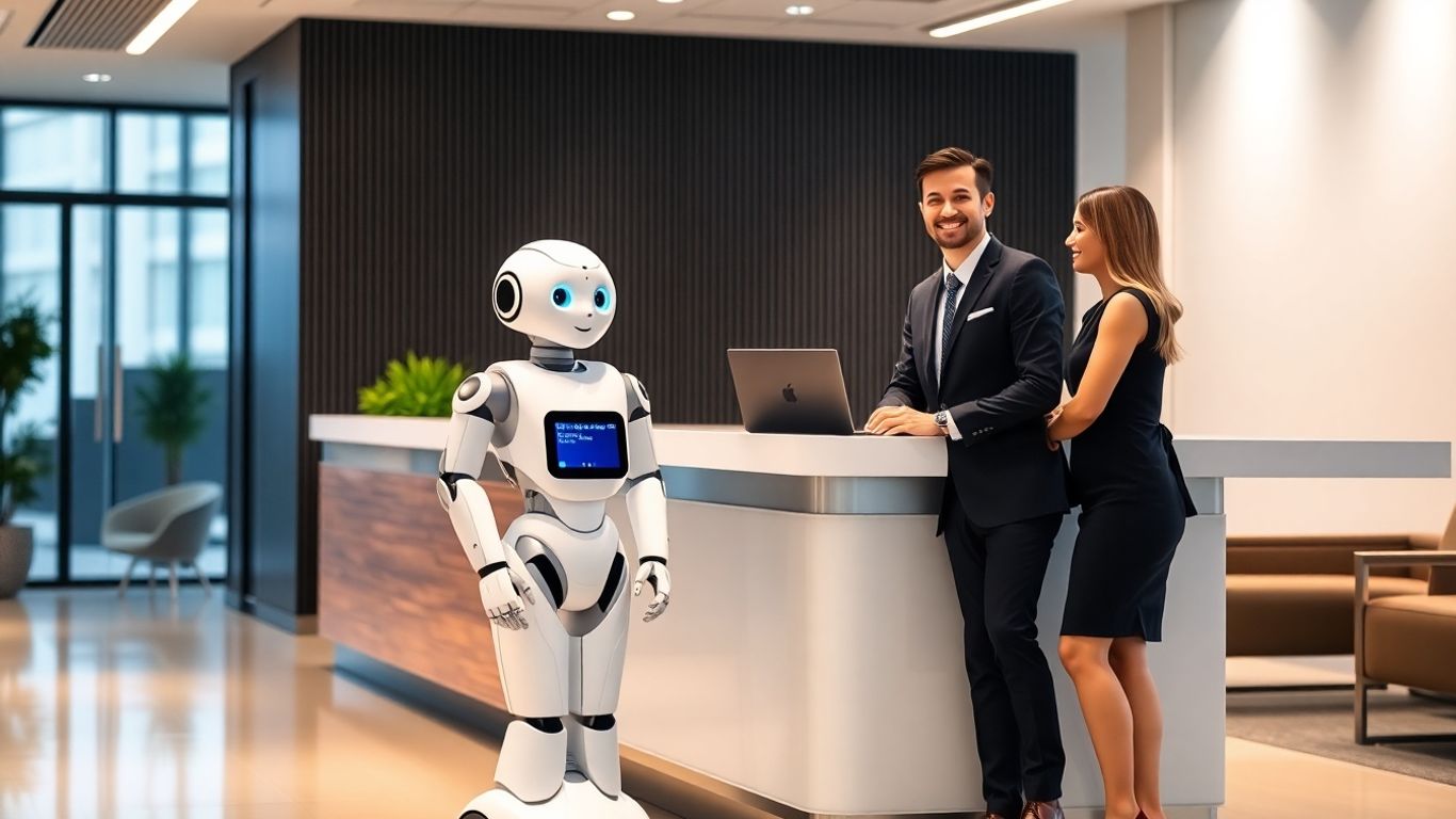 AI robot and human receptionist at office front desk