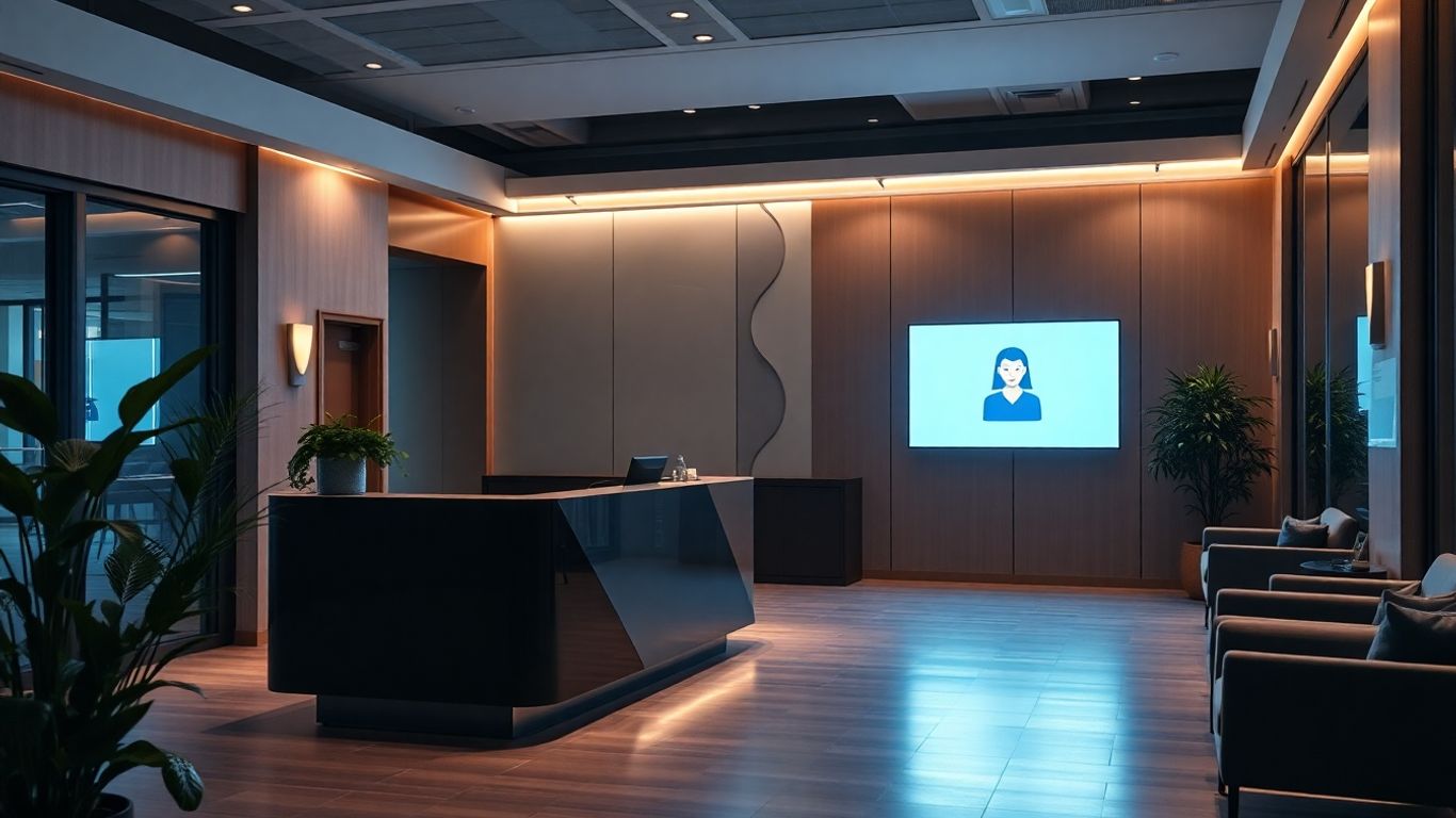 AI receptionist screen at modern office lobby, nighttime ambiance.