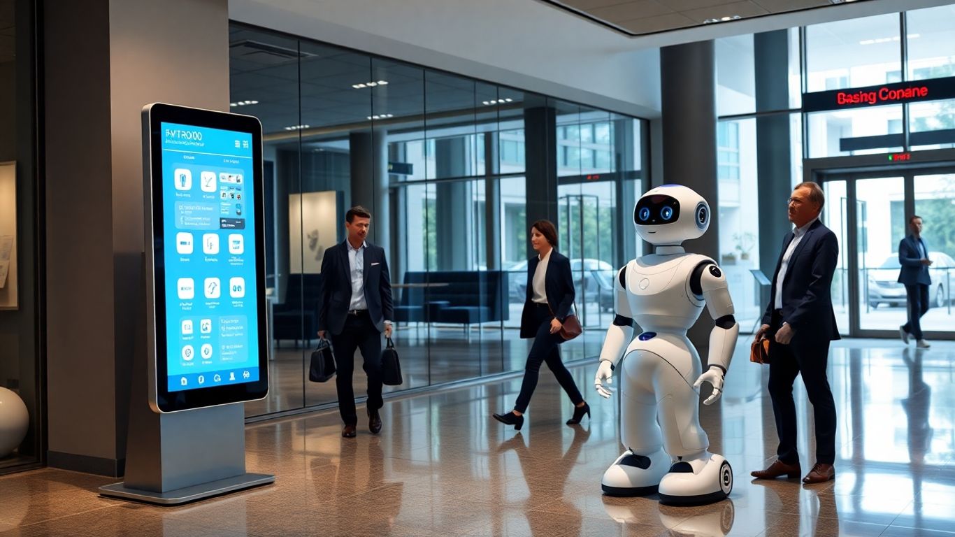 AI robot receptionist greets visitors in modern office lobby