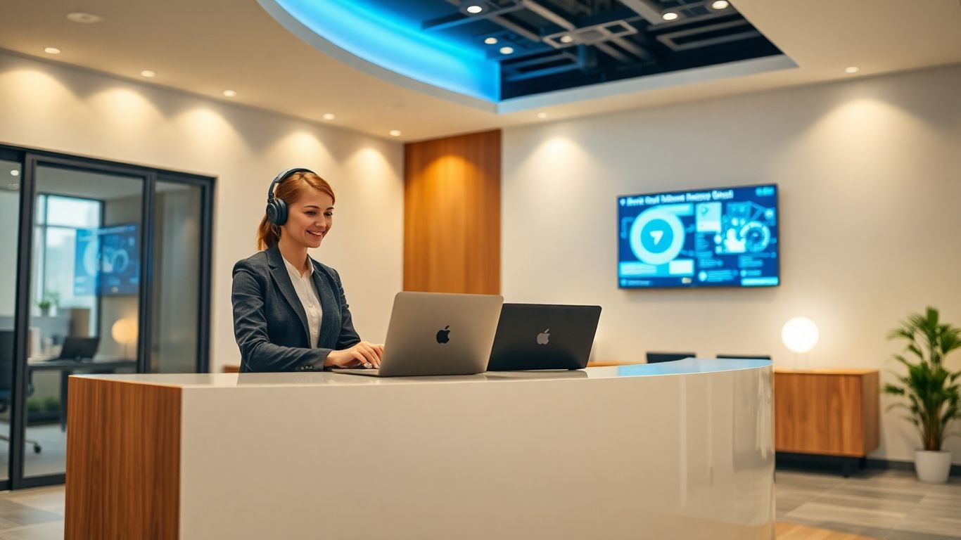 Modern office receptionist using laptop with digital interface