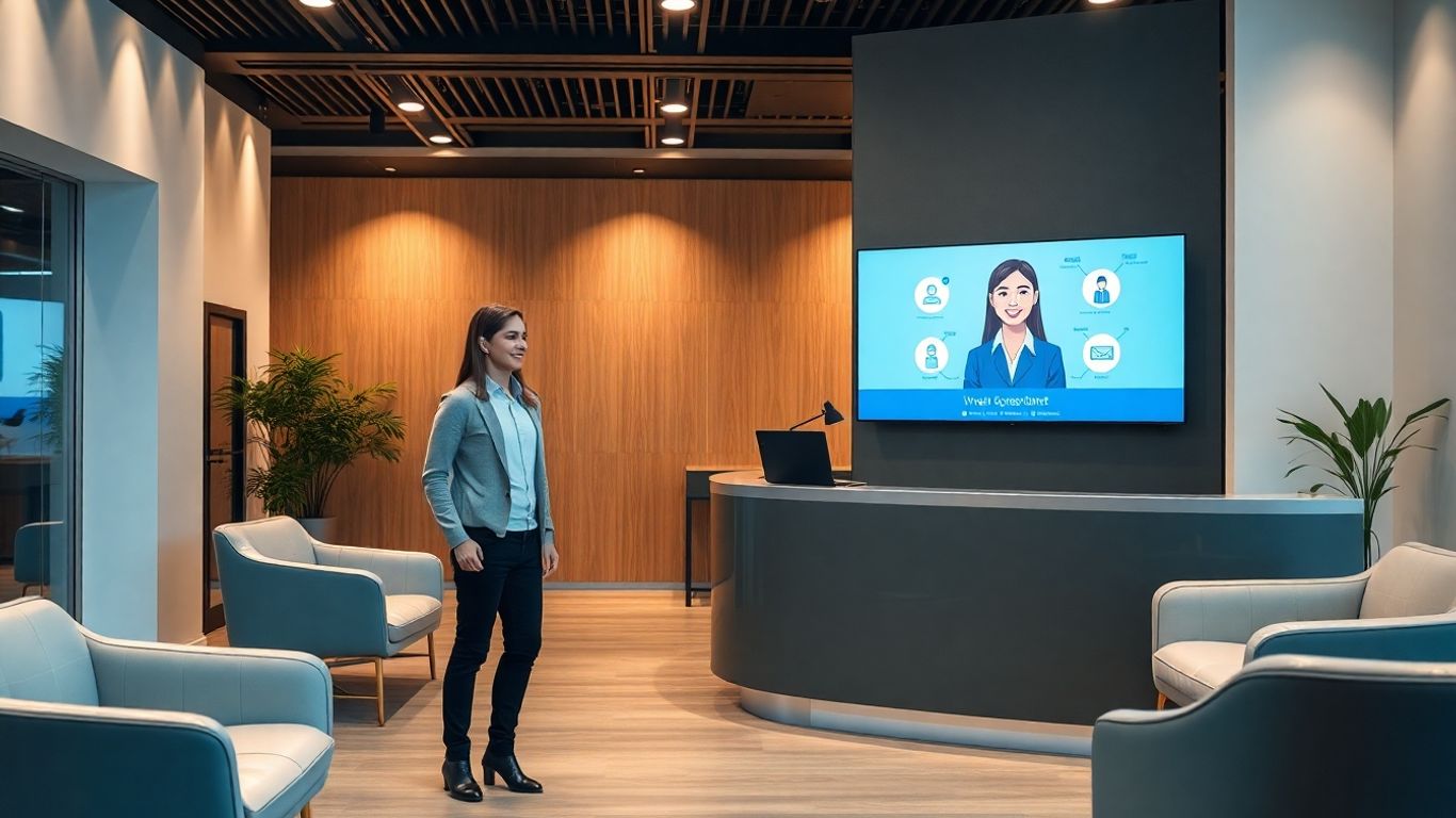 Modern office receptionist desk with virtual assistant display