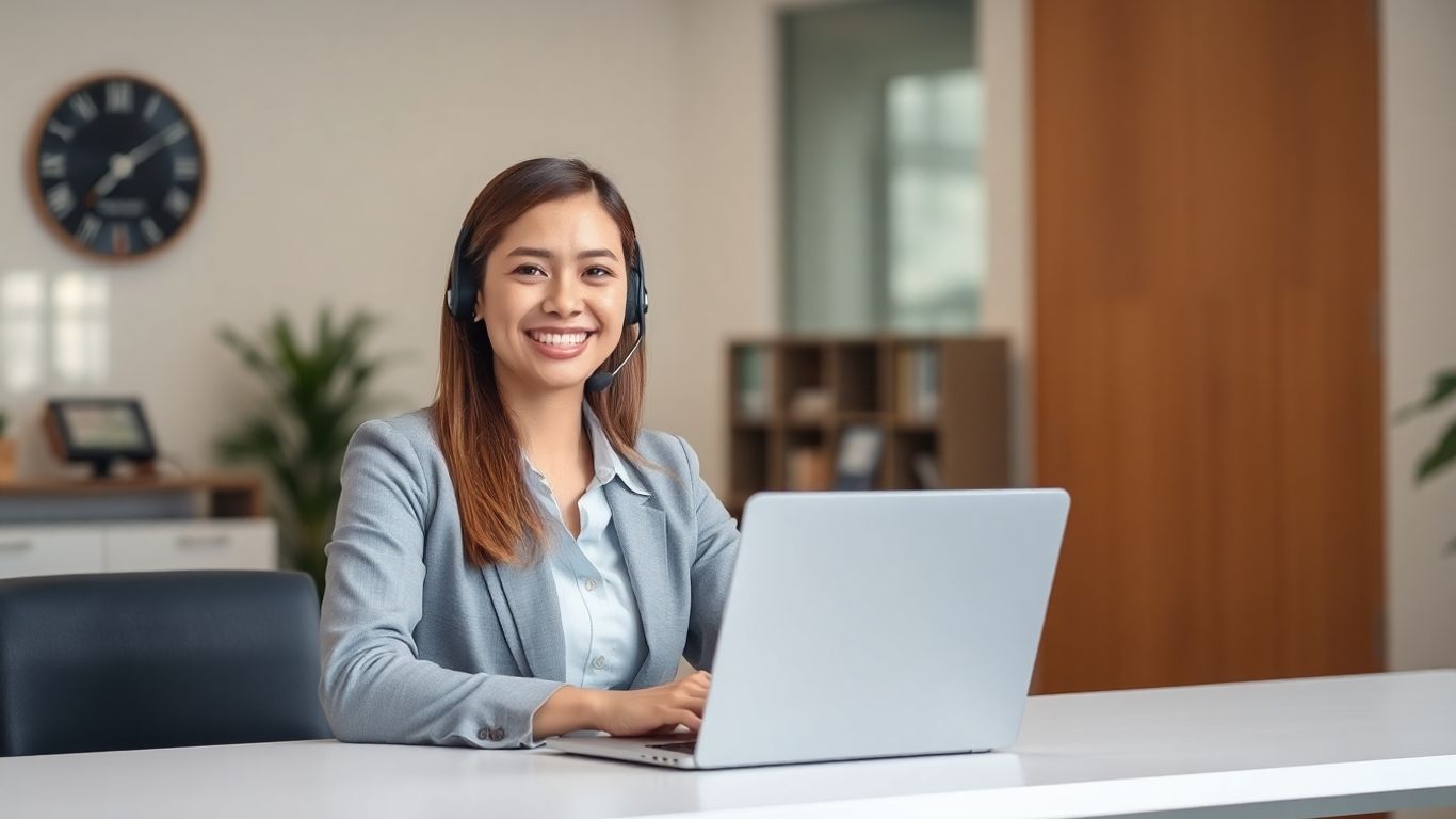 Virtual receptionist greeting clients from modern law office workspace