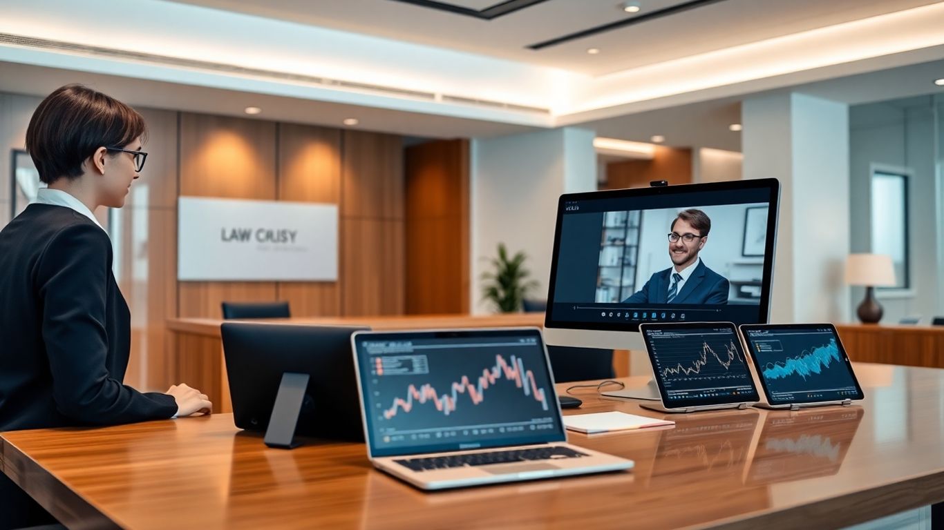Virtual receptionist greeting client in sleek law office