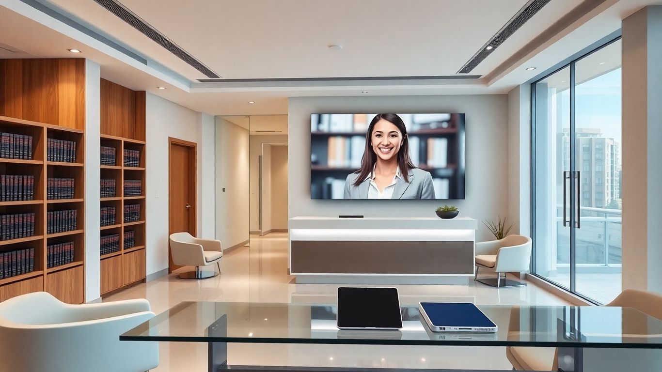 Virtual receptionist greets clients in a contemporary law office.