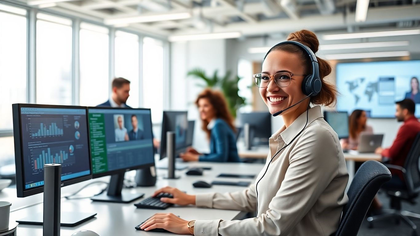 Virtual receptionist with headset at computer in modern office