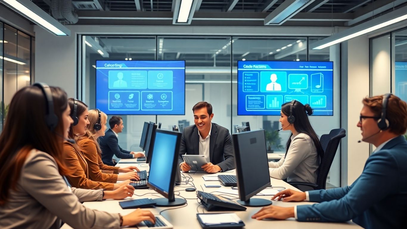 Diverse professionals using headsets interacting with virtual receptionist interface.