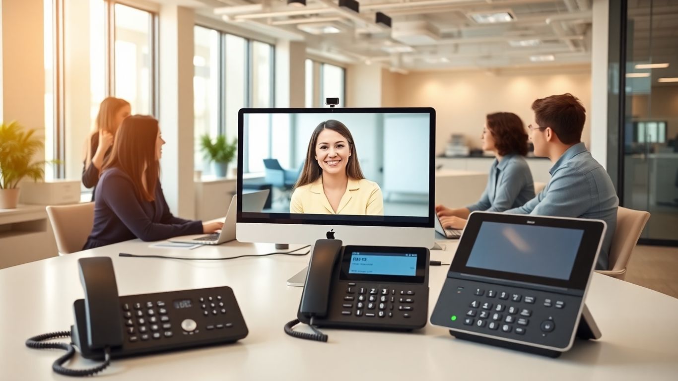 Virtual receptionist on screen assisting office professionals