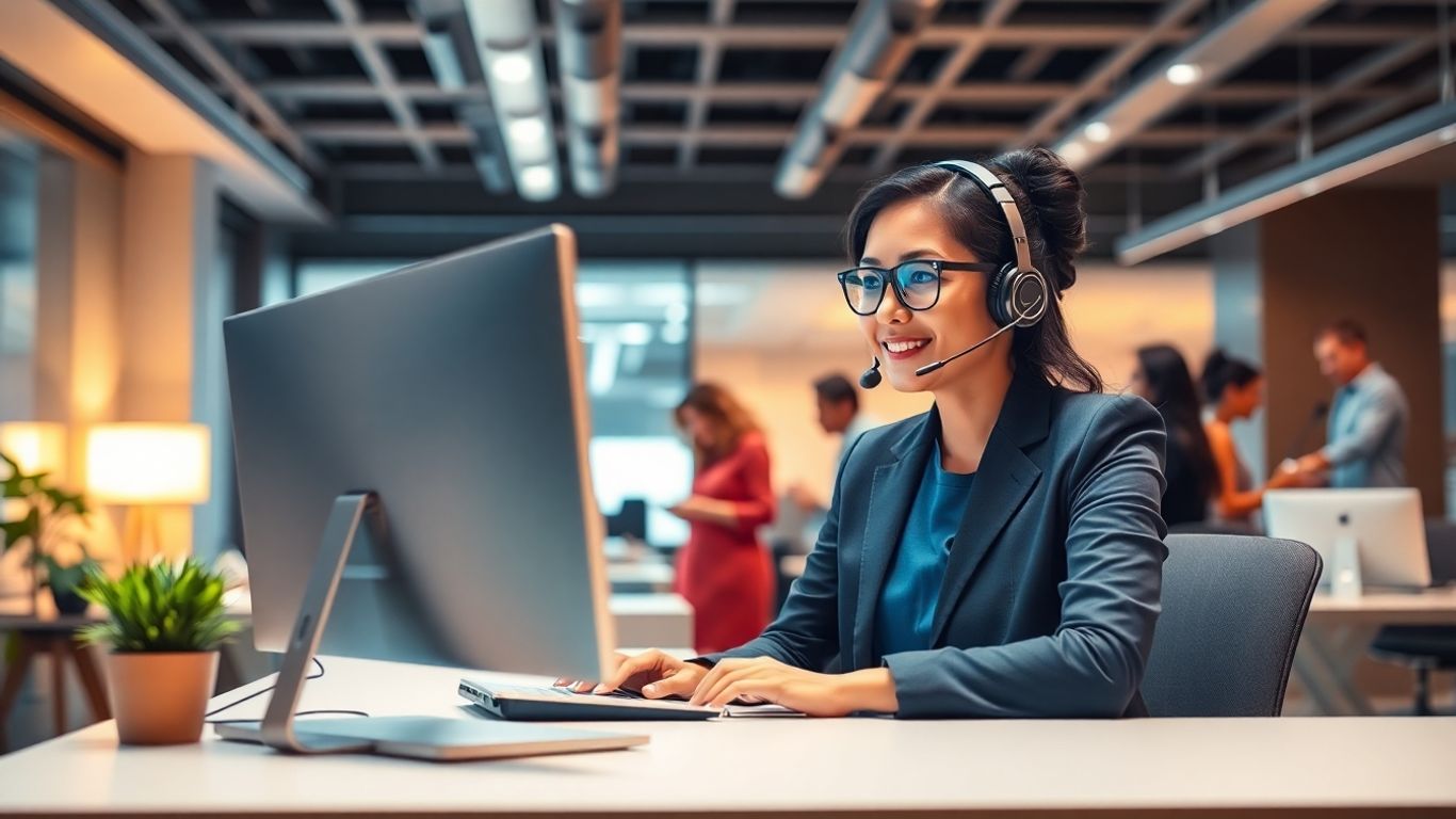 Virtual receptionist wearing headset in modern office workspace