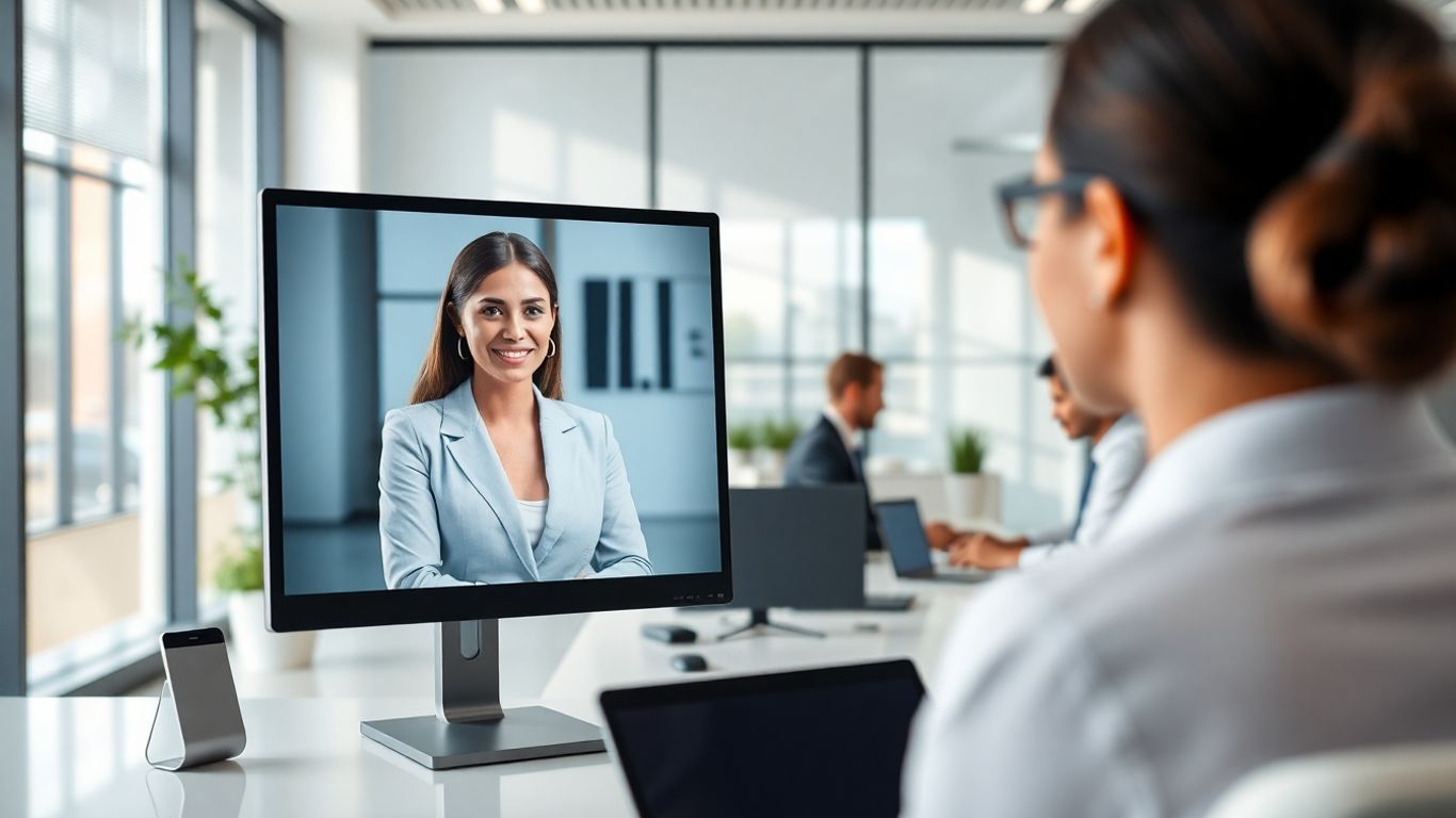 Virtual receptionist on screen in modern law office setting.