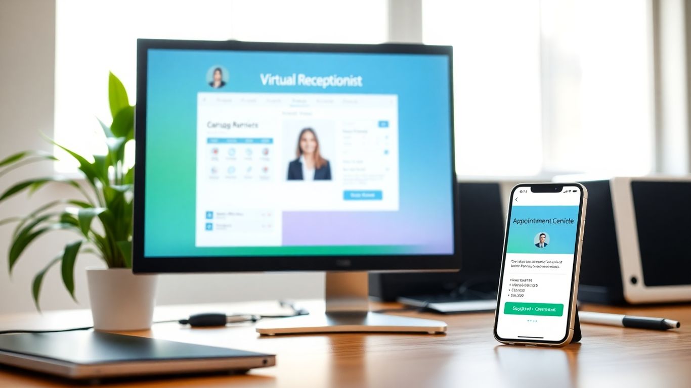 Desk with computer and virtual receptionist interface active