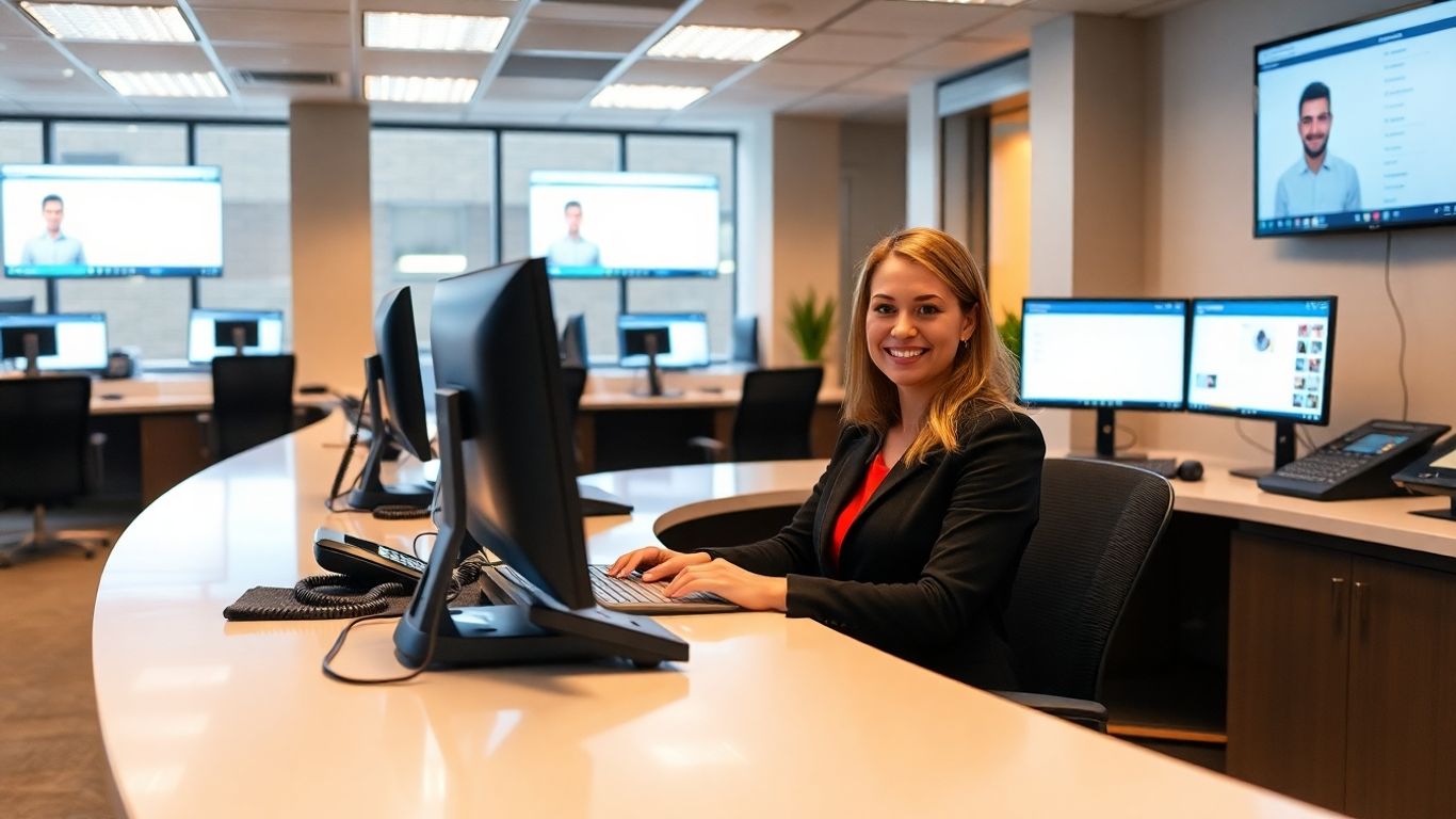Busy reception desk with receptionist and multiple phones ringing