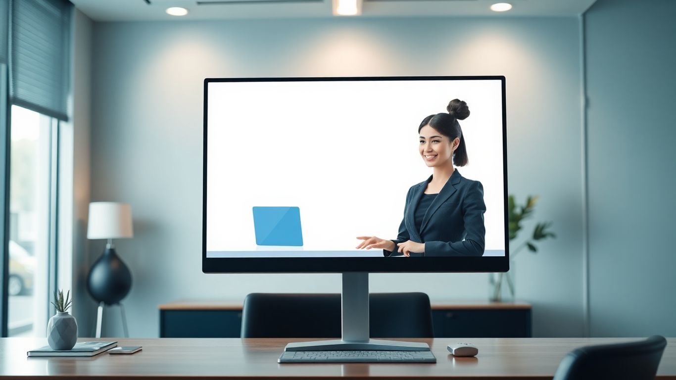 Modern office with AI virtual receptionist on computer screen
