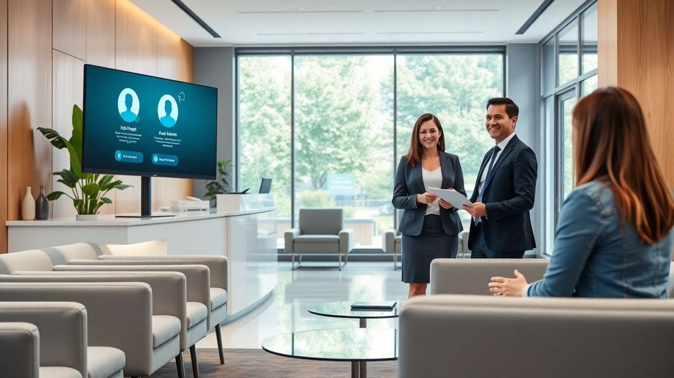 Modern office receptionist assisting visitor with digital AI interface.