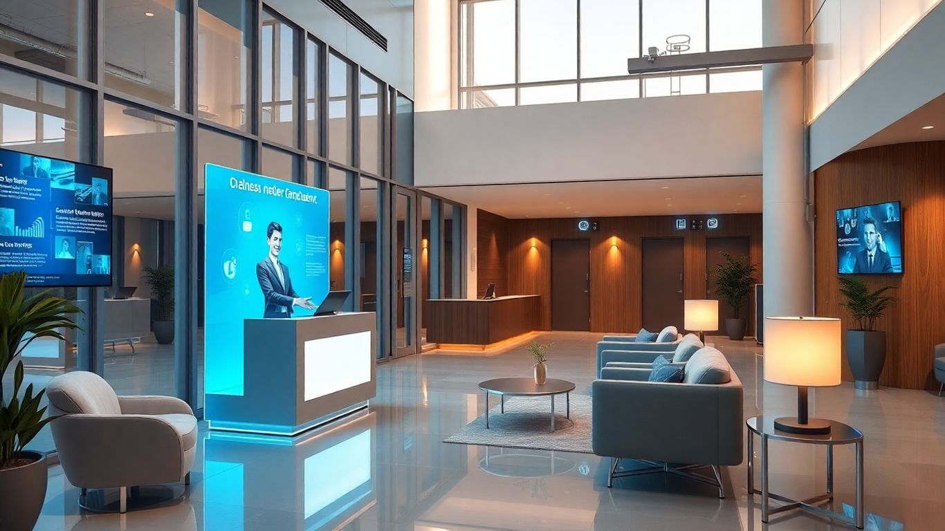 Virtual receptionist hologram greeting visitors in modern office lobby