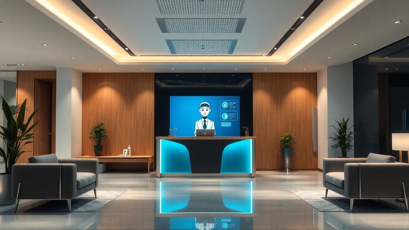 Modern office with AI receptionist on computer screen