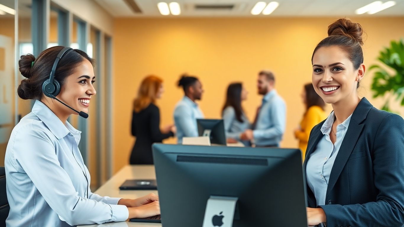 Two bilingual receptionists assisting multicultural clients in modern office.