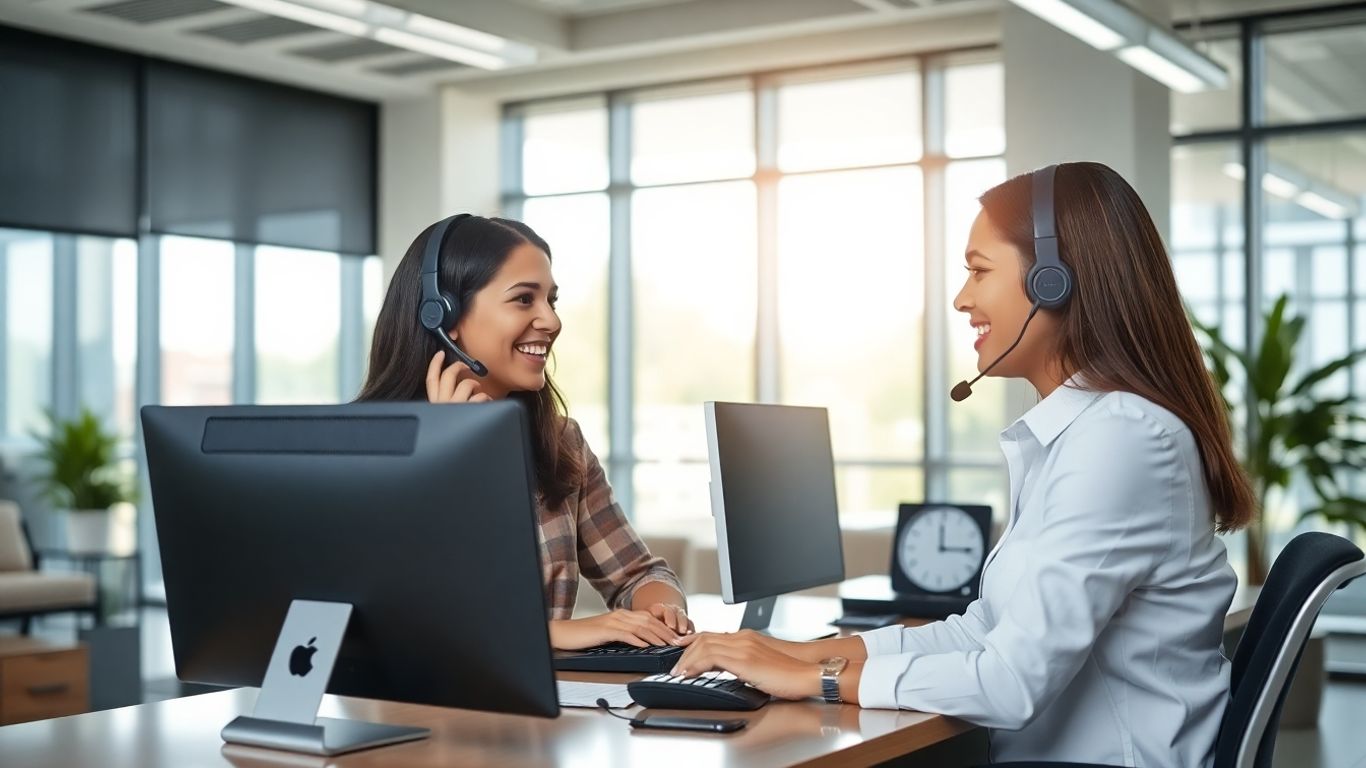 Diverse receptionist in modern office answering phone call