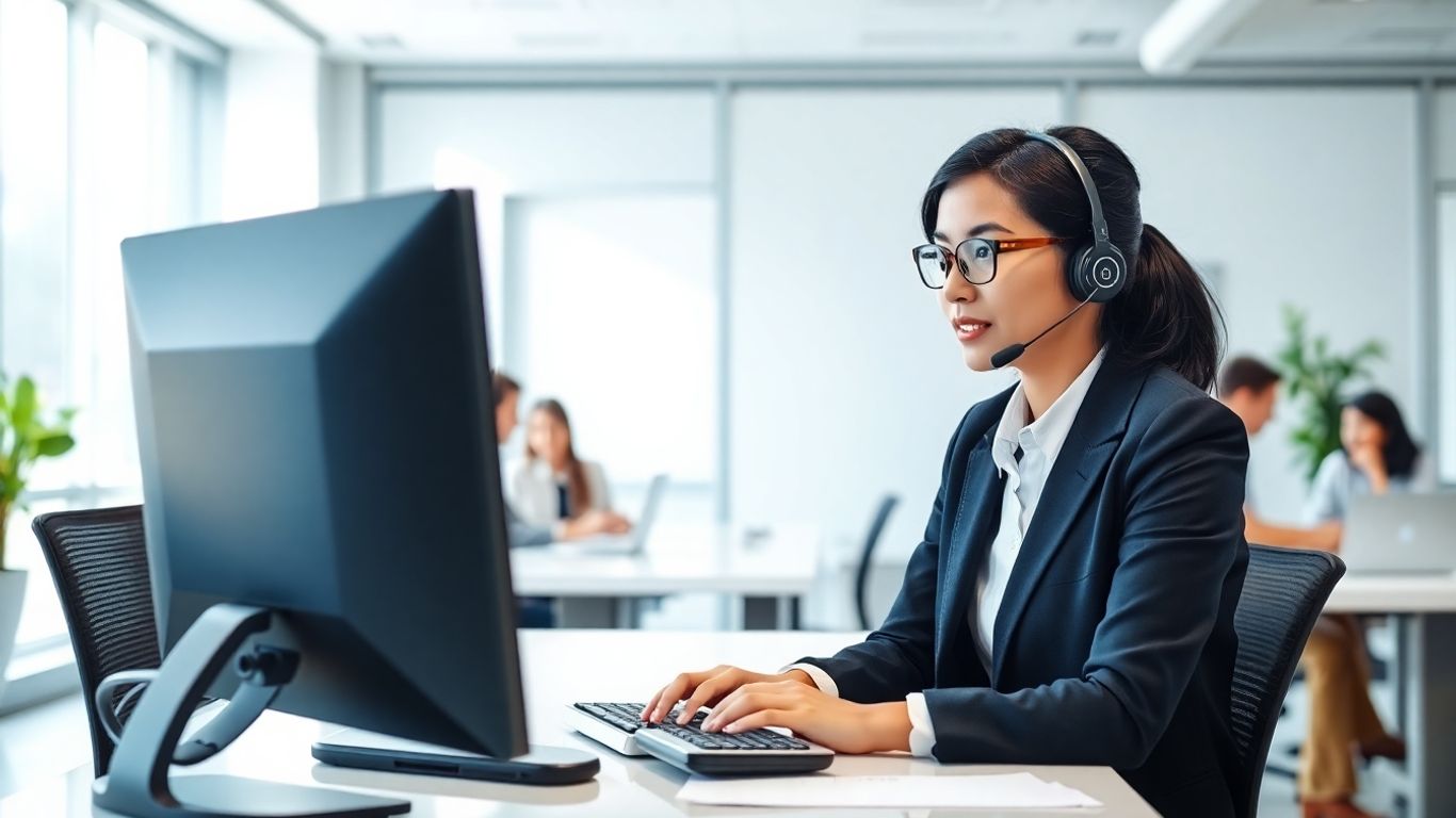 Bilingual receptionist working at a modern office desk