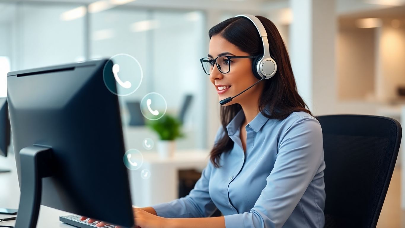 Virtual receptionist at desk with headset and monitors