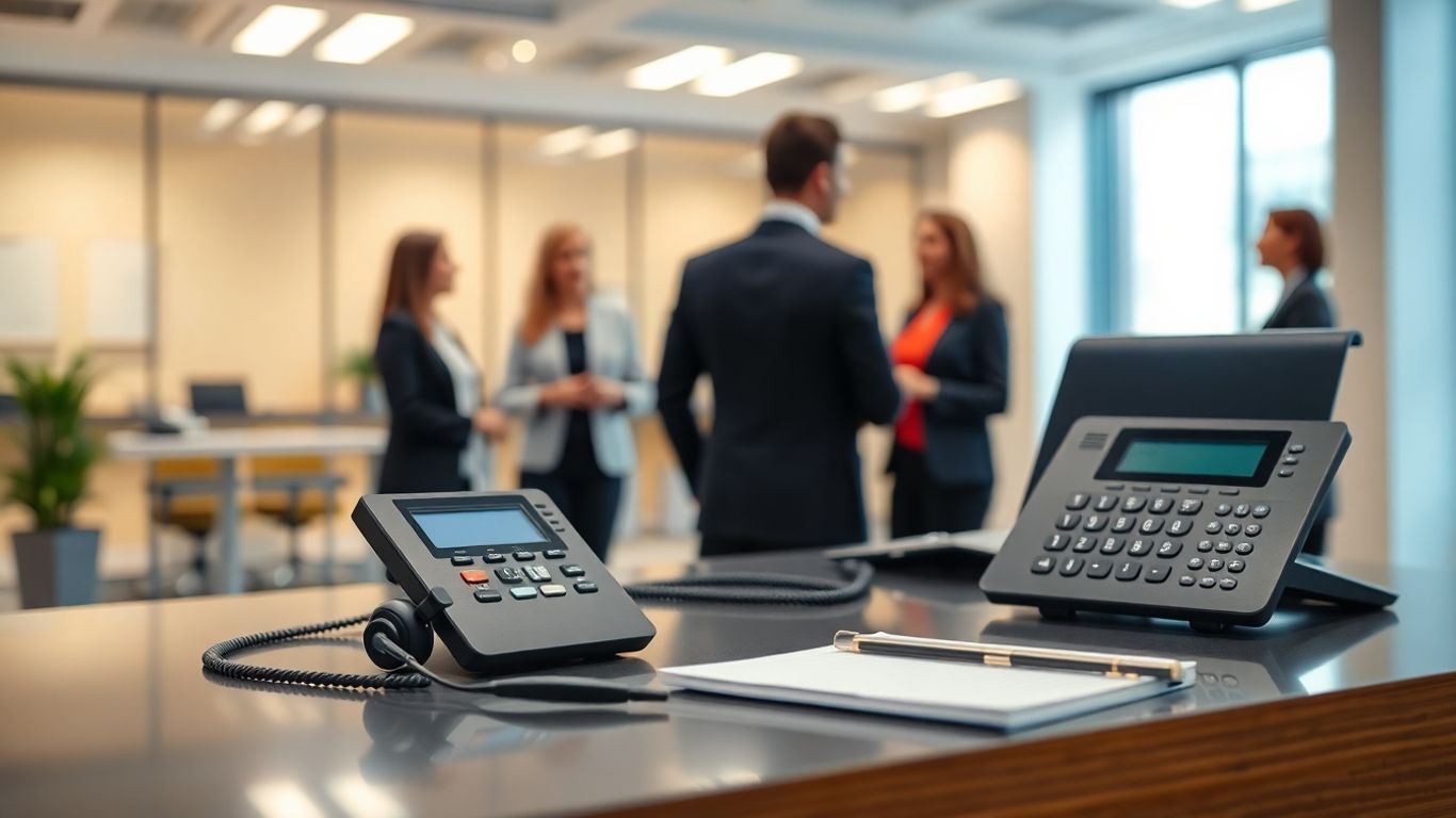 Receptionist desk with headset and phone in office.