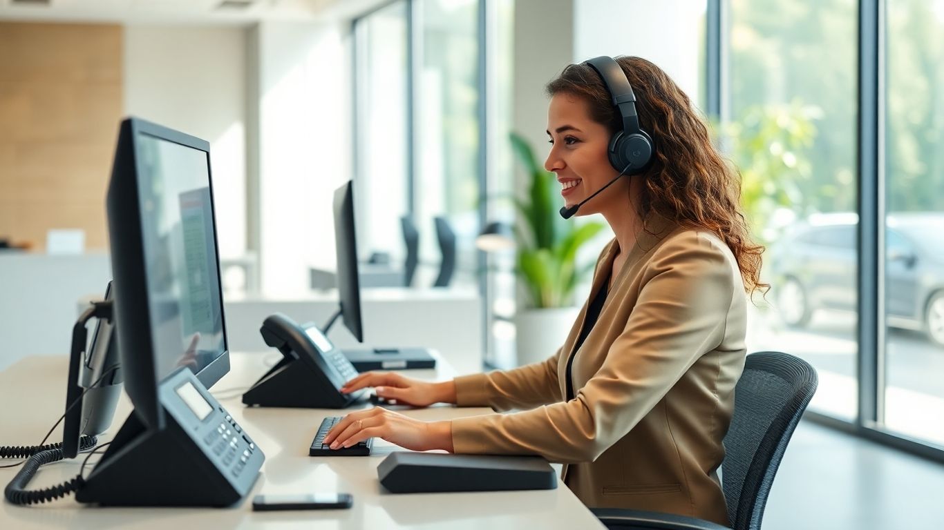 Receptionist with headset in a bright modern office