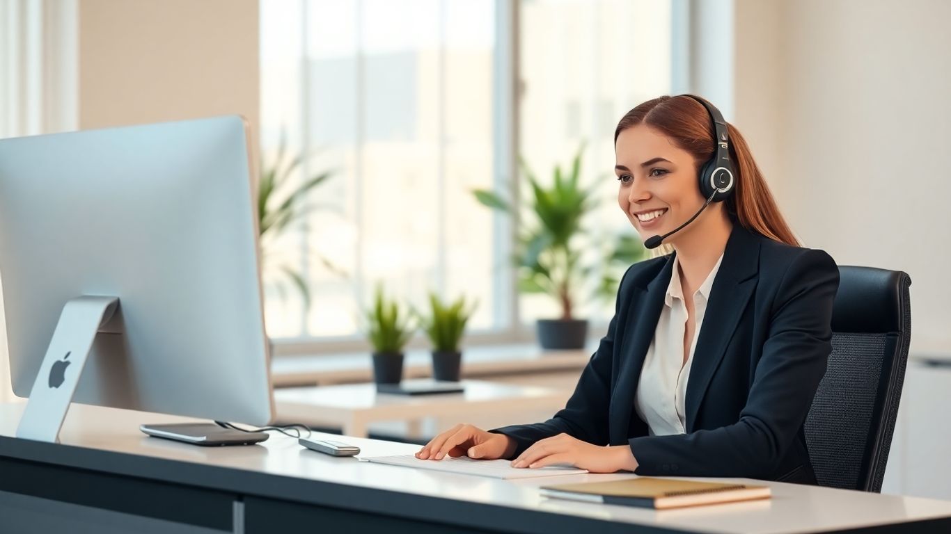 Receptionist with headset at modern desk in bright office