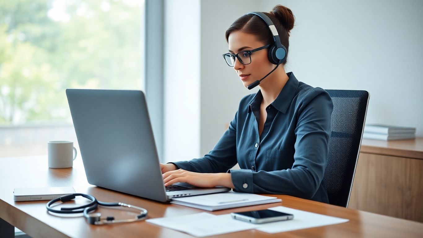 Woman with headset working remotely in medical office