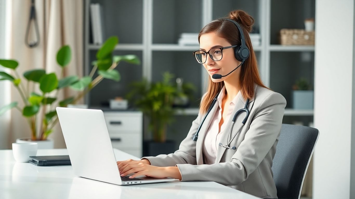Virtual receptionist using laptop and headset in home office