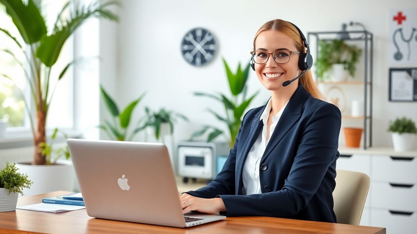 Confident woman in headset at laptop in home office