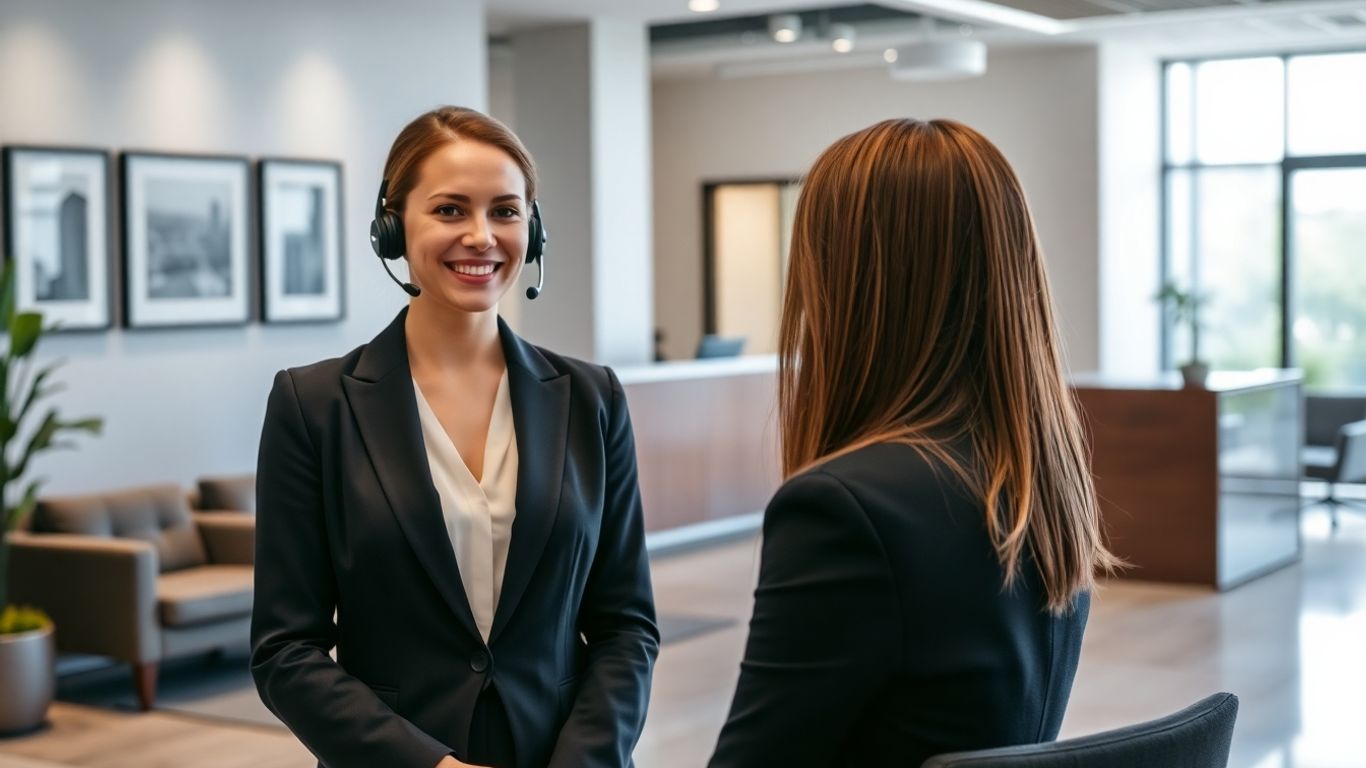 Receptionist with headset assisting clients in a bright law office.
