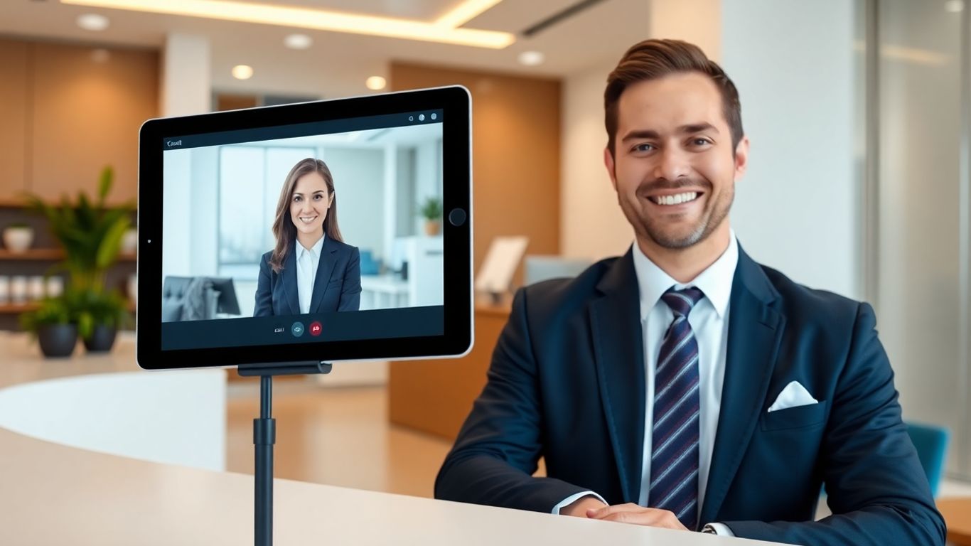 Attorney greets clients while virtual receptionist works on tablet.