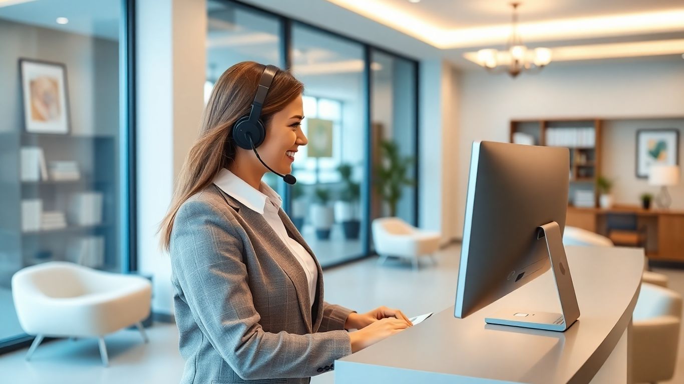 Receptionist with headset greeting law firm client virtually.