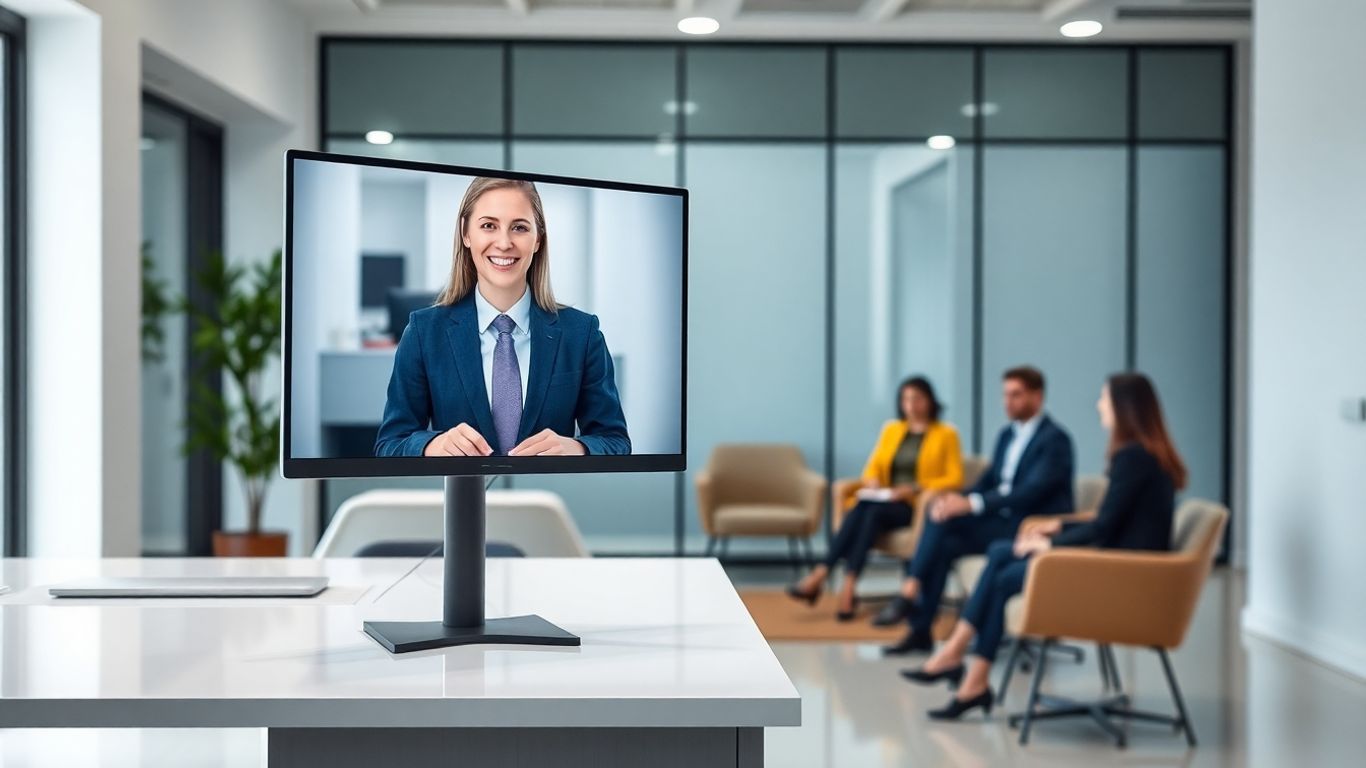 Lawyer interacts with virtual receptionist in modern law office.