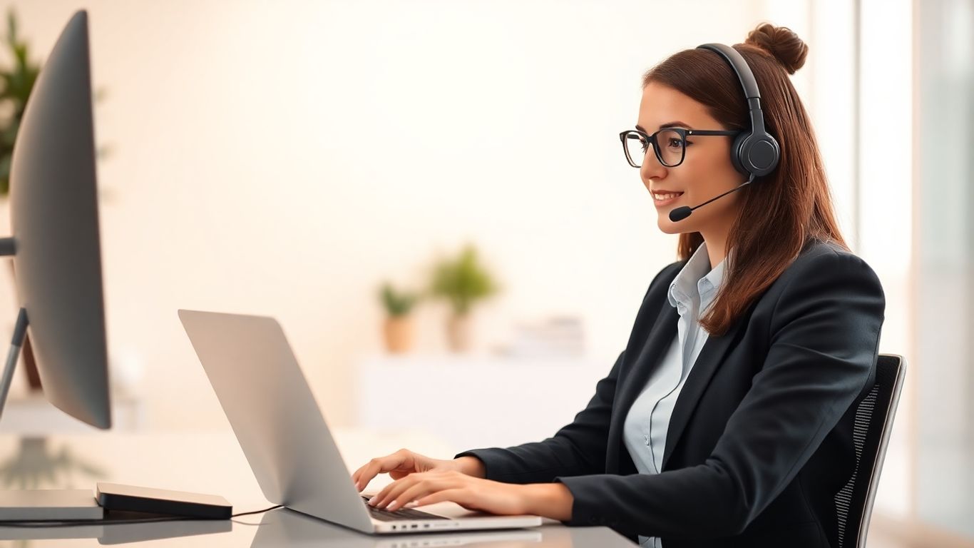 Virtual receptionist working at laptop in bright office