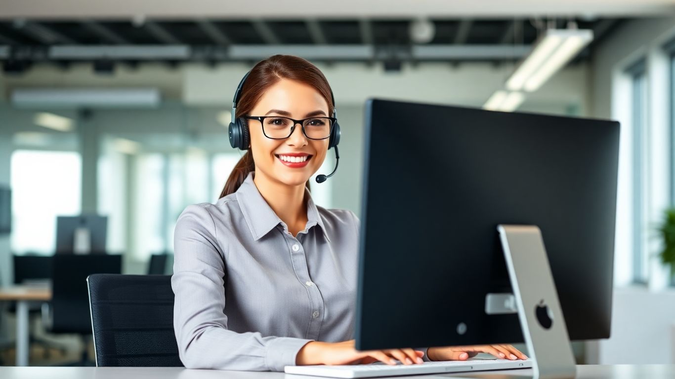 Virtual receptionist at desk with headset in bright office