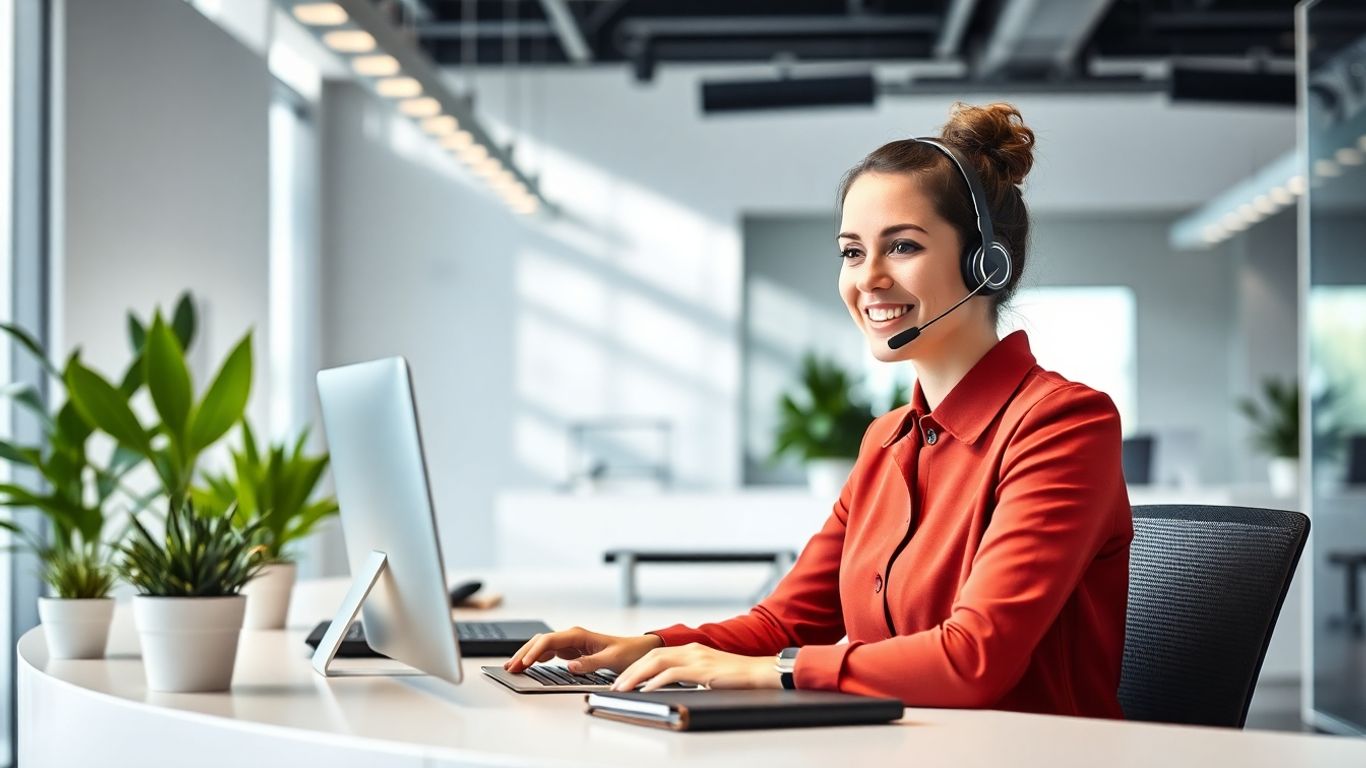 Smiling receptionist with headset at a modern office desk