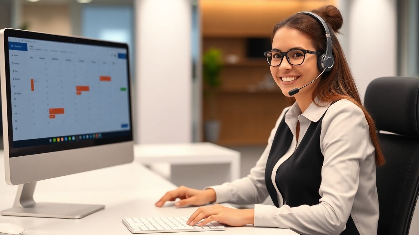 Receptionist with headset managing appointments on computer calendar.