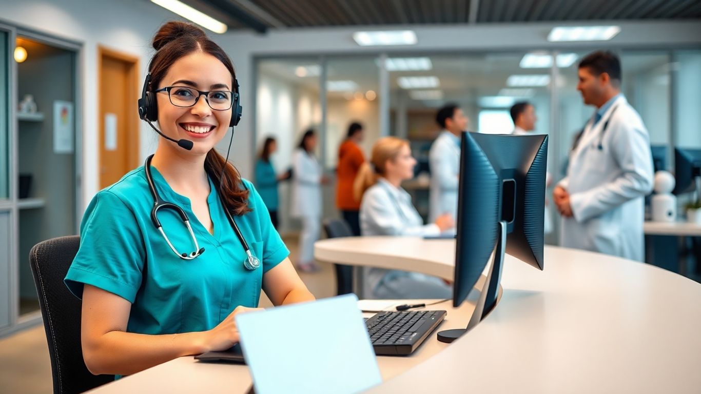 Receptionist with headset at computer in medical office