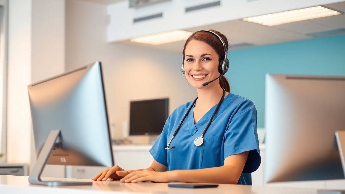 Receptionist in scrubs with headset at medical office computer