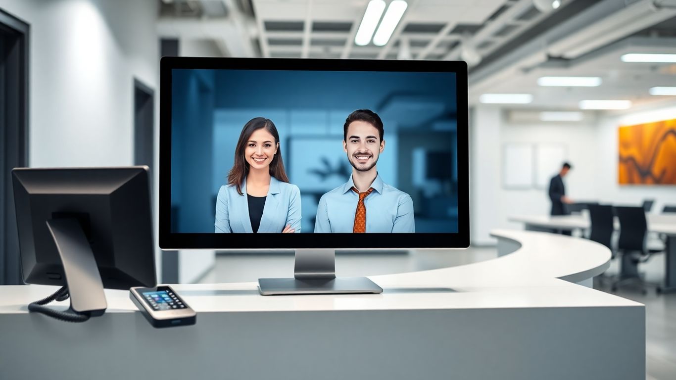 Virtual assistant on screen in modern office reception