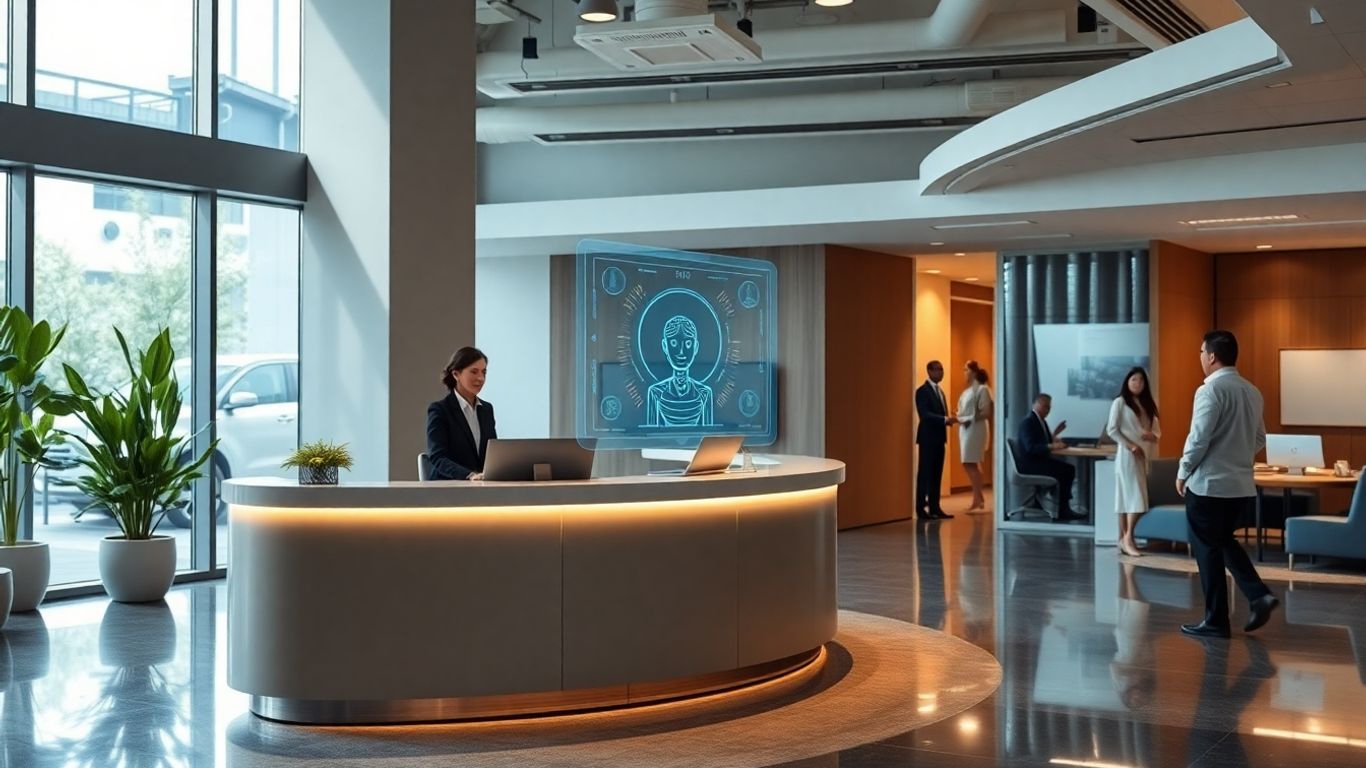 Virtual receptionist hologram greets visitors in modern office