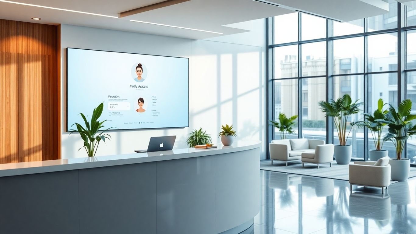 Modern reception with virtual assistant on digital screen.