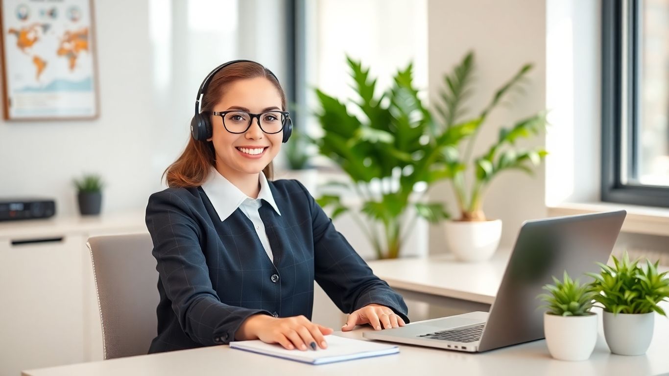 Virtual receptionist at desk with headset in modern office.