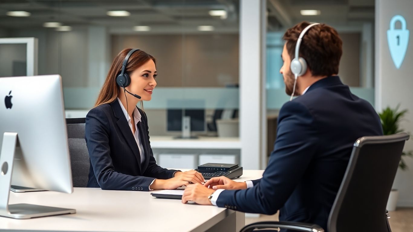 Virtual receptionist assisting small business owner in secure office.
